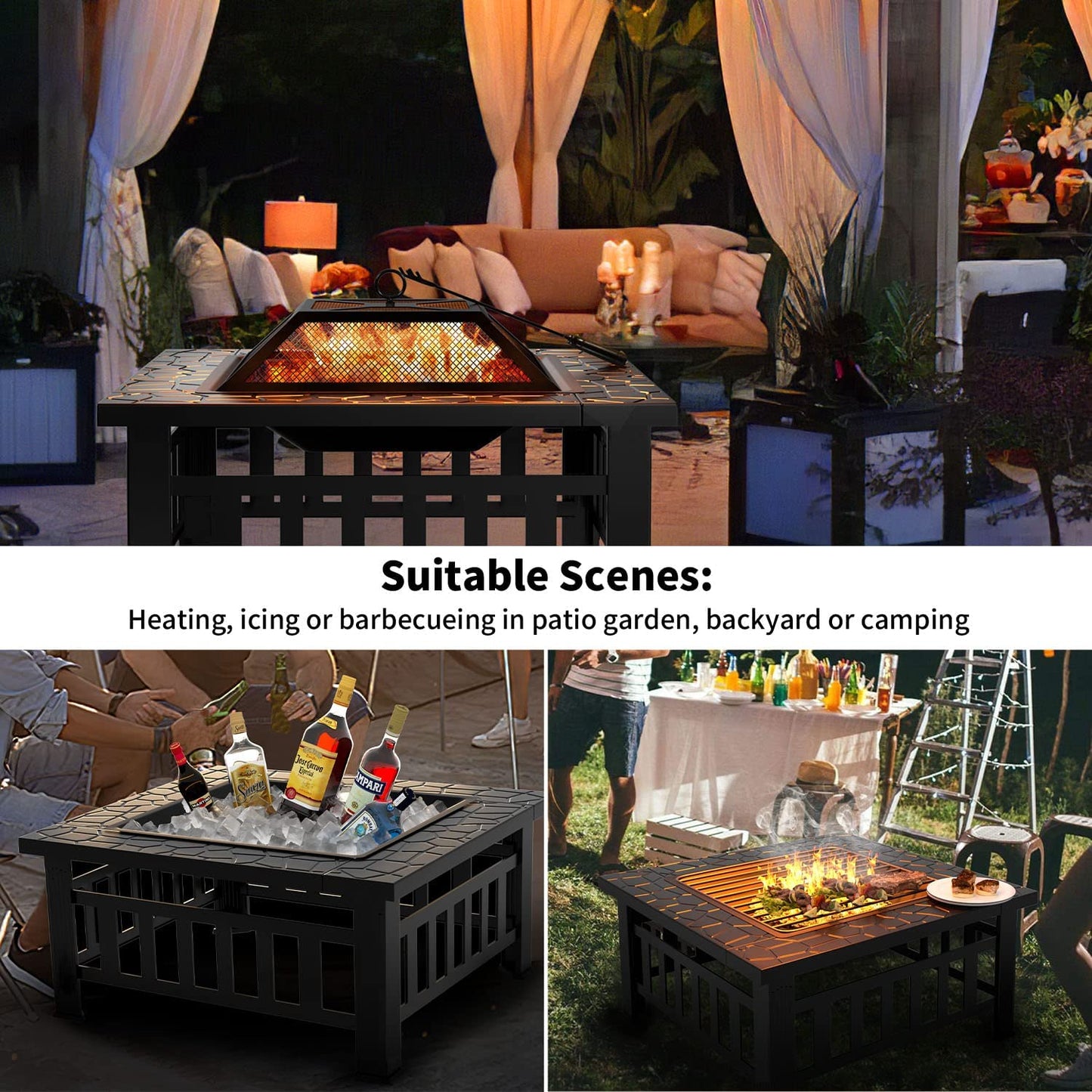 Greesum Multifunctional Patio Fire Pit Table, 32In Square Metal BBQ Firepit Stove Backyard Garden Fireplace with Spark Screen Lid and Rain Cover for Camping, Outdoor Heating, Bonfire and Picnic, Black