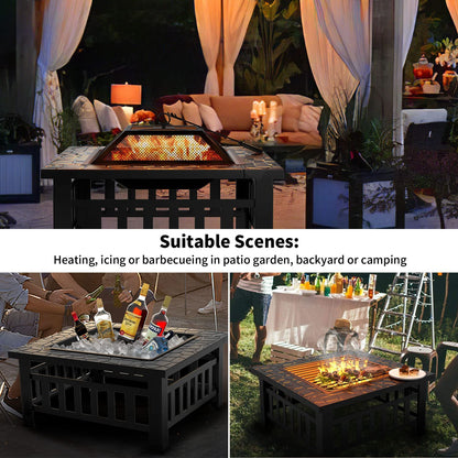 Greesum Multifunctional Patio Fire Pit Table, 32In Square Metal BBQ Firepit Stove Backyard Garden Fireplace with Spark Screen Lid and Rain Cover for Camping, Outdoor Heating, Bonfire and Picnic, Black