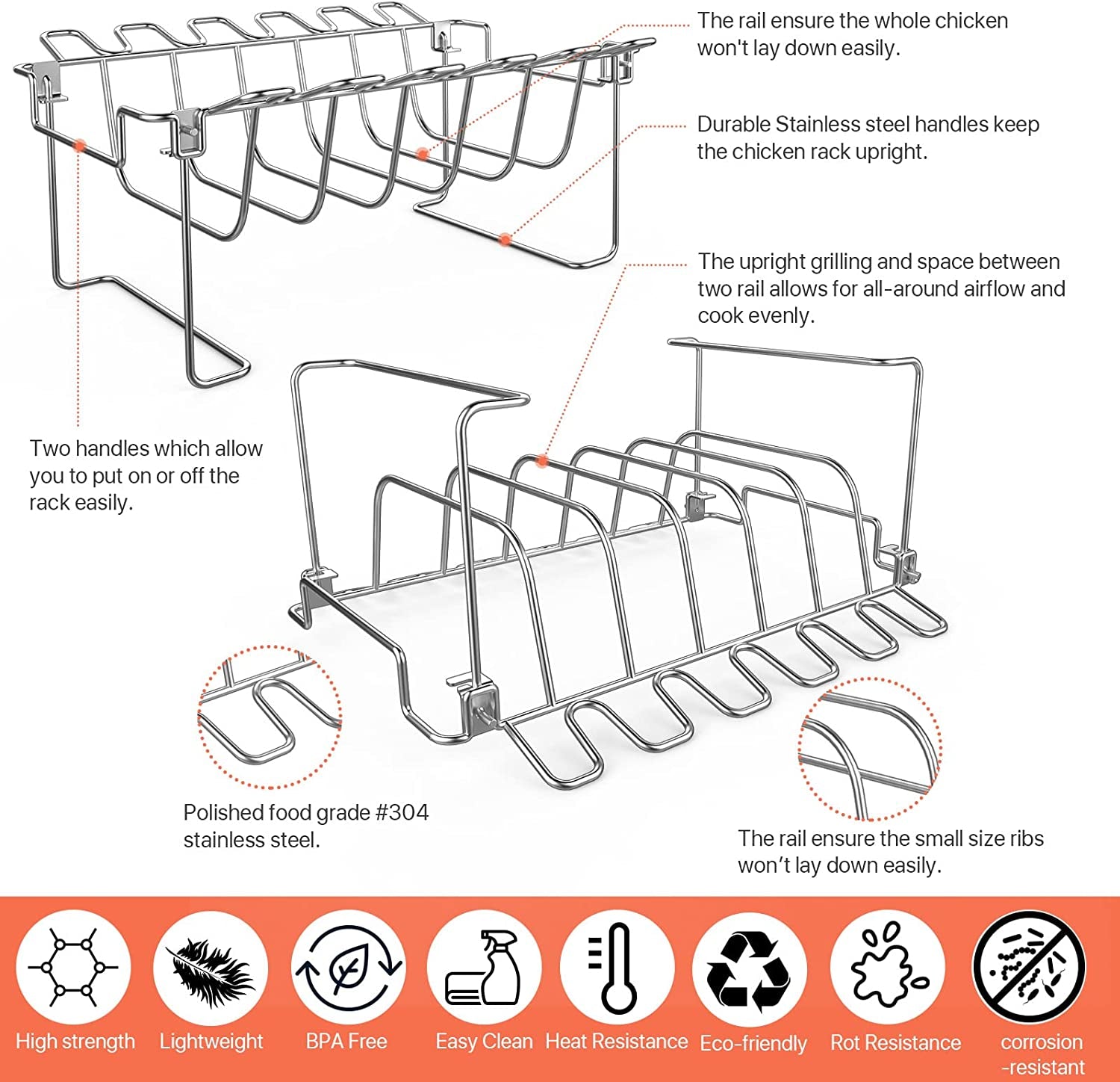 3 in 1 Extra Large Rectangle Rib Rack&Chicken Leg Rack with Brush, Stainlesss Steel Roasting Rack with 2 Handle for Smoker, Oven and Grill, Holds up to 5 Ribs, Easy to Use&Clean