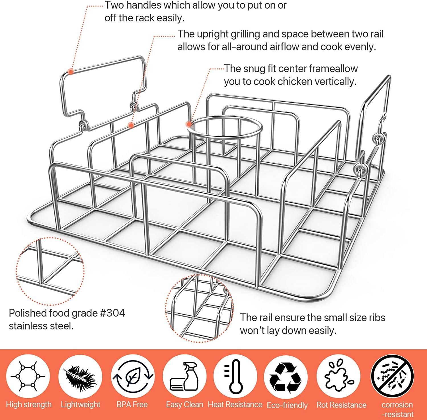 RUSFOL Beercan Chicken Roaster and Rib Rack with a Silicone Oil Brush, Square Stainless Steel BBQ Stand for Smoker,Oven and Grill, Cook up to 4 Ribs and a Whole Chicken at a Time