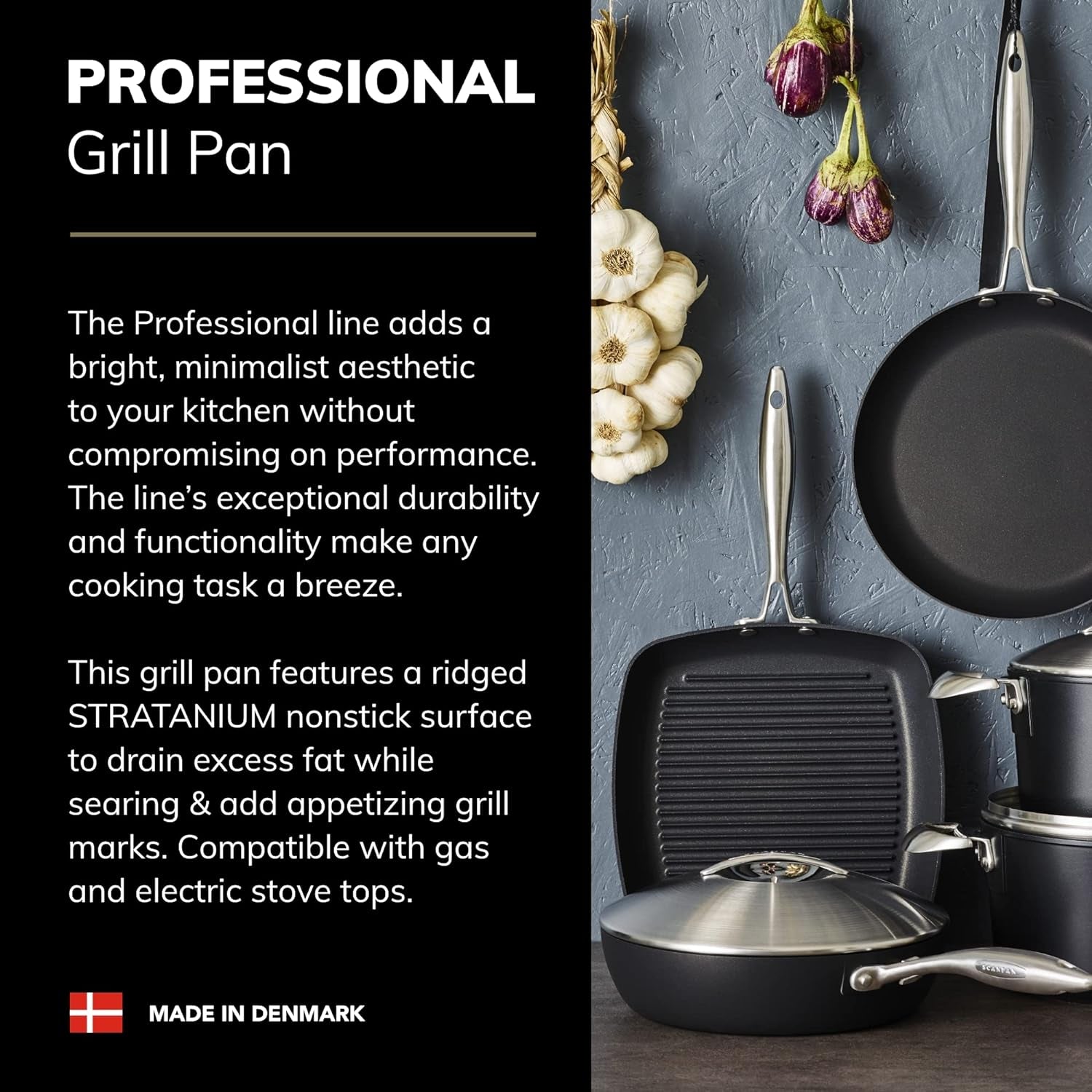 Professional 10.5” Square Grill Pan - Easy-To-Use Nonstick Cookware - Dishwasher, Metal Utensil & Oven Safe - Made in Denmark