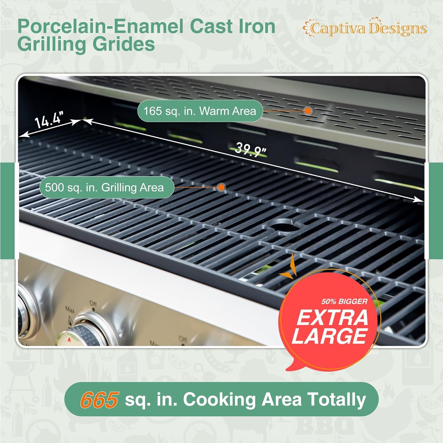 Captiva Designs 6-Burners Propane Gas BBQ Grill with Side Burner & Porcelain-Enameled Cast Iron Grate for Outdoor Kitchen & Backyard Barbecue, 65,800 BTU Output,665 SQ.IN. Cooking Area,Stainless Steel