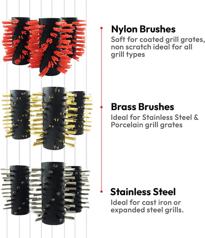 Automatic BBQ Grill Cleaning Robot Replacement Brush - Grill Cleaner Parts, Grilling Accessories, Wire Brush Tool, Metal Brush - Set of 3 Each Stainless Steel, Nylon and Brass Variety Pack