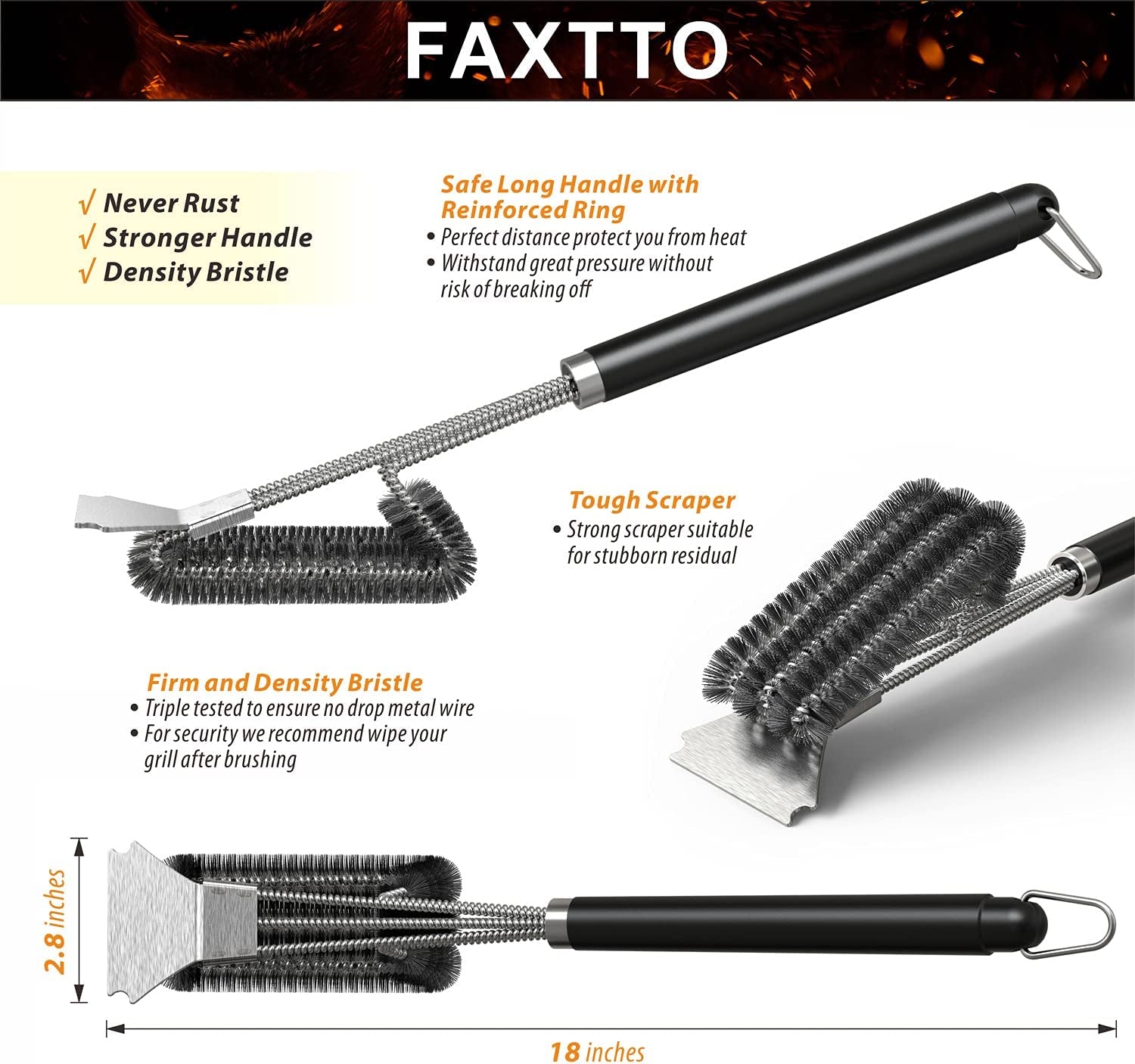 Grill Brush with Extra Strong Long Handle BBQ Cleaner Accessories - Safe Wire BBQ Brush, Triple Barbecue Scrubber Cleaning Brush for Gas/Charcoal Grilling Grates