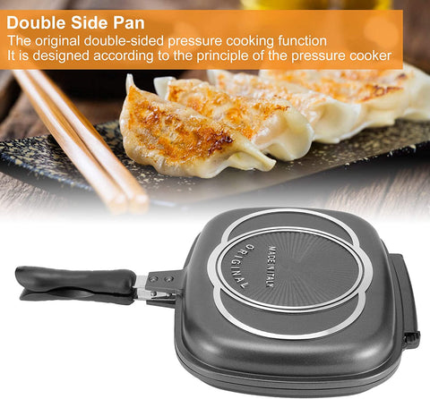 Image of Double-Sided Frying Pan, 32Cm/12.6In BBQ Grill Pan, Double Side Pressure Cooking Grill Pan, Portable Grill Pot for Home Cooking, Anti‑Burn Handle, Grill Cookware Kitchen Supplies