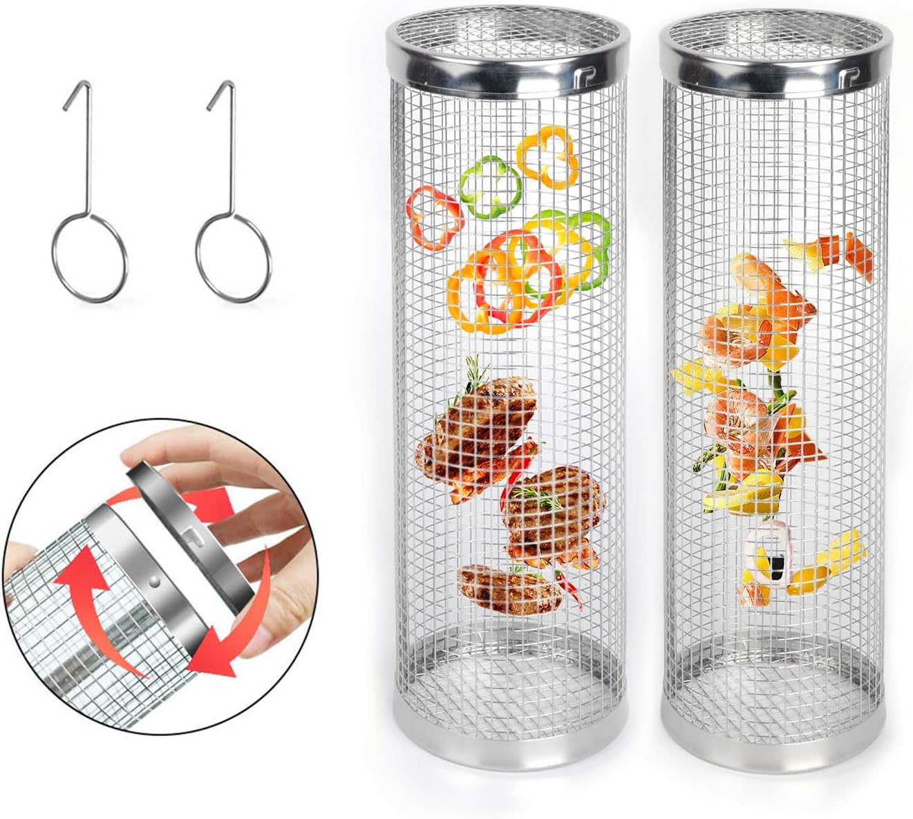 2Pcs Amazing Rolling Grilling Basket - Ultimate Grill Basket for Outdoor Grilling - Grill Baskets for Veggies, Fish, and More - Easy Rolling Design - Durable and Versatile BBQ Accessory - Enhance Your Grilling Experience (3.74"X3.74X11.8")