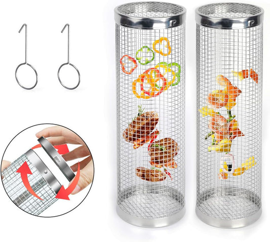 2Pcs Amazing Rolling Grilling Basket - Ultimate Grill Basket for Outdoor Grilling - Grill Baskets for Veggies, Fish, and More - Easy Rolling Design - Durable and Versatile BBQ Accessory - Enhance Your Grilling Experience (3.74"X3.74X11.8")