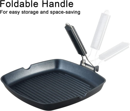 Grill Pan with Folding Handle, Nonstick Grill Pan for Stove Tops, Induction Compatible KBBQ Grill Pan with Pour Spouts, Indoor Square BBQ Grilling Pan… (11 In)