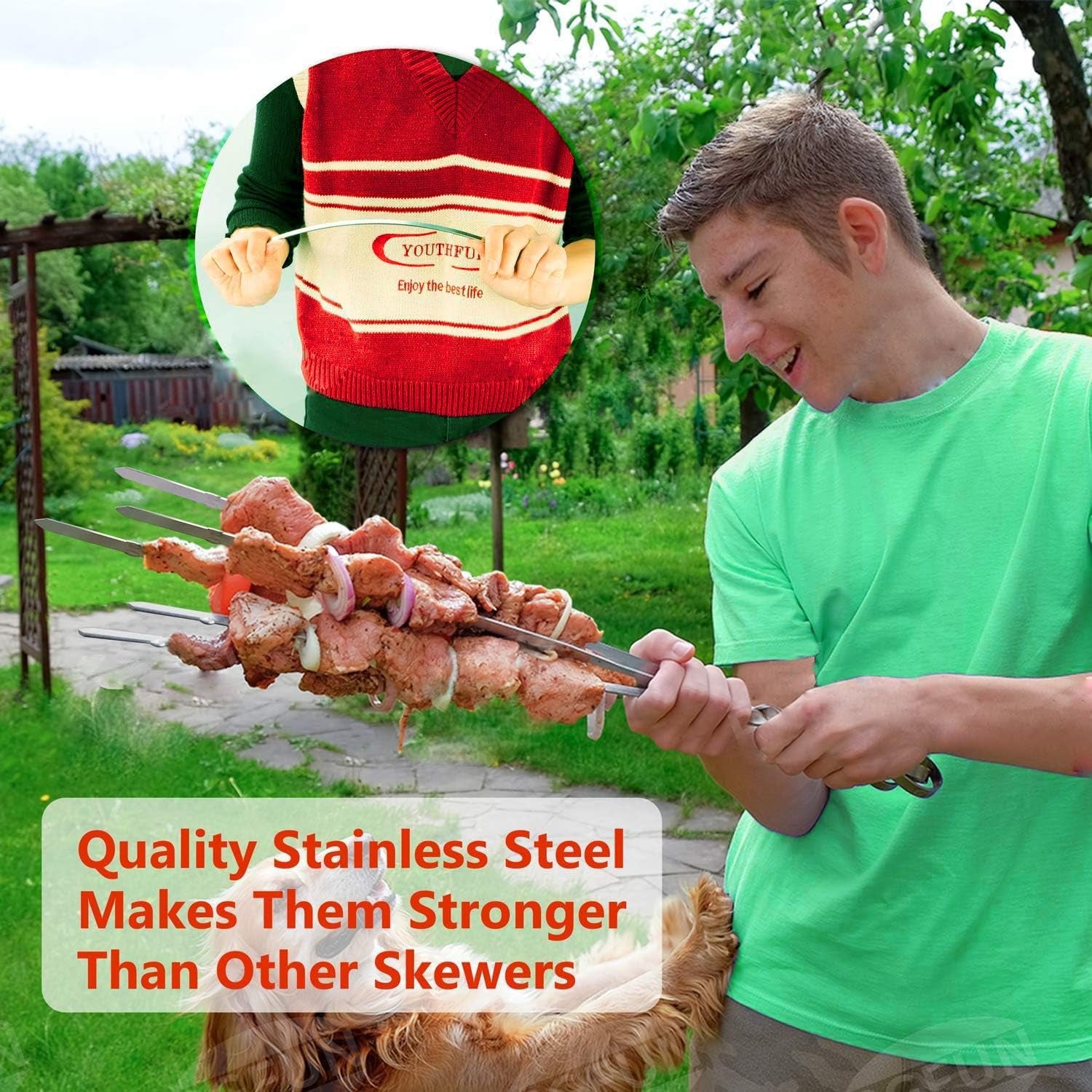 Amestar 12 Pack Kabob Skewers BBQ Barbecue Skewers Stainless Steel Sticks 13.7 Inch Heavy Duty Large Wide Reusable with Slider Ideal for Shish Kebab Chicken Shrimp and Vegetables
