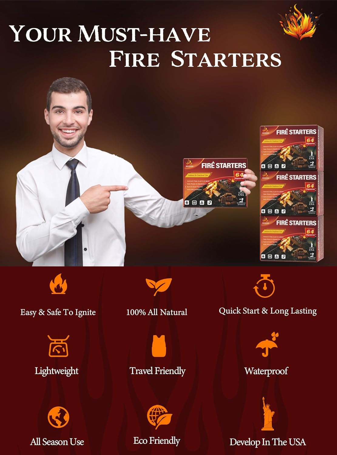 Nvkrvks Fire Starter Squares 192, Natural & Odourless Firestarters Cubes for Campfire, Fireplace, Chimney and Barbecue, Water Resistant, Easy to Ignite, Safe Camping Accessories