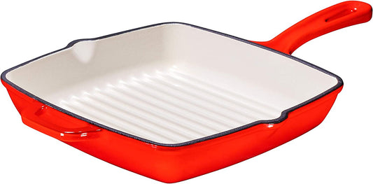 10 Inch Square Cast Iron Grill Pan Skillet Grill Pan with Easy Grease Draining for Grilling Bacon, Steak, and Meats, Stove, Fire and Oven Safe for Camping or Barbecue (Red)