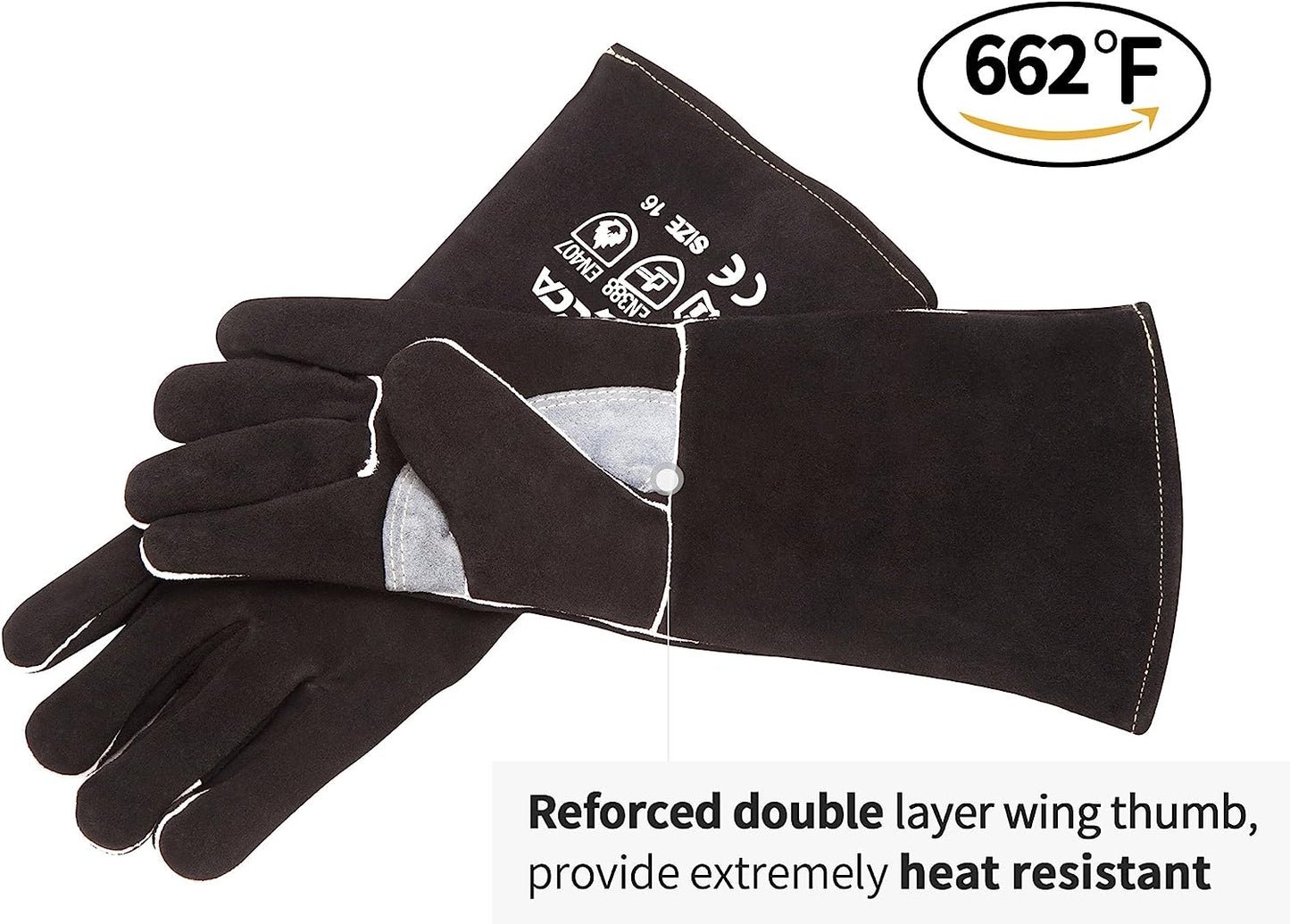 Welding Gloves 14 Inches,662℉,Heat Resistant Leather Forge/Mig/Stick Welding Gloves Heat/Fire Resistant, Mitts for Oven/Grill/Fireplace/Furnace/Stove/Pot Holder/Bbq/Animal Handling-Black