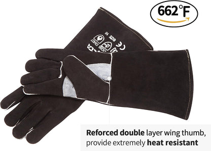 Welding Gloves 14 Inches,662℉,Heat Resistant Leather Forge/Mig/Stick Welding Gloves Heat/Fire Resistant, Mitts for Oven/Grill/Fireplace/Furnace/Stove/Pot Holder/Bbq/Animal Handling-Black