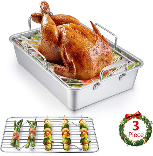 Stainless Steel Roasting Pan, E-Far 14 X 10.6 Inch Heavy Duty Turkey Roaster with V Rack & Baking Rack Set, Small Metal Deep Broiling Pan for Oven Cooking Lasagna Meat Chicken - Dishwasher Safe