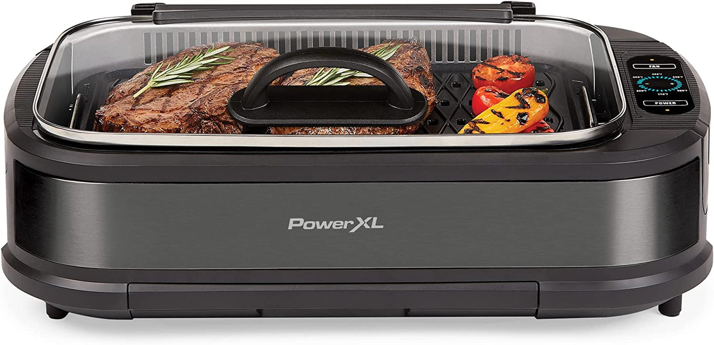 Power XL Smokeless Electric Indoor Removable Grill and Griddle Plates, Nonstick Cooking Surfaces, Glass Lid, 1500 Watt, 21X 15.4X 8.1, Black