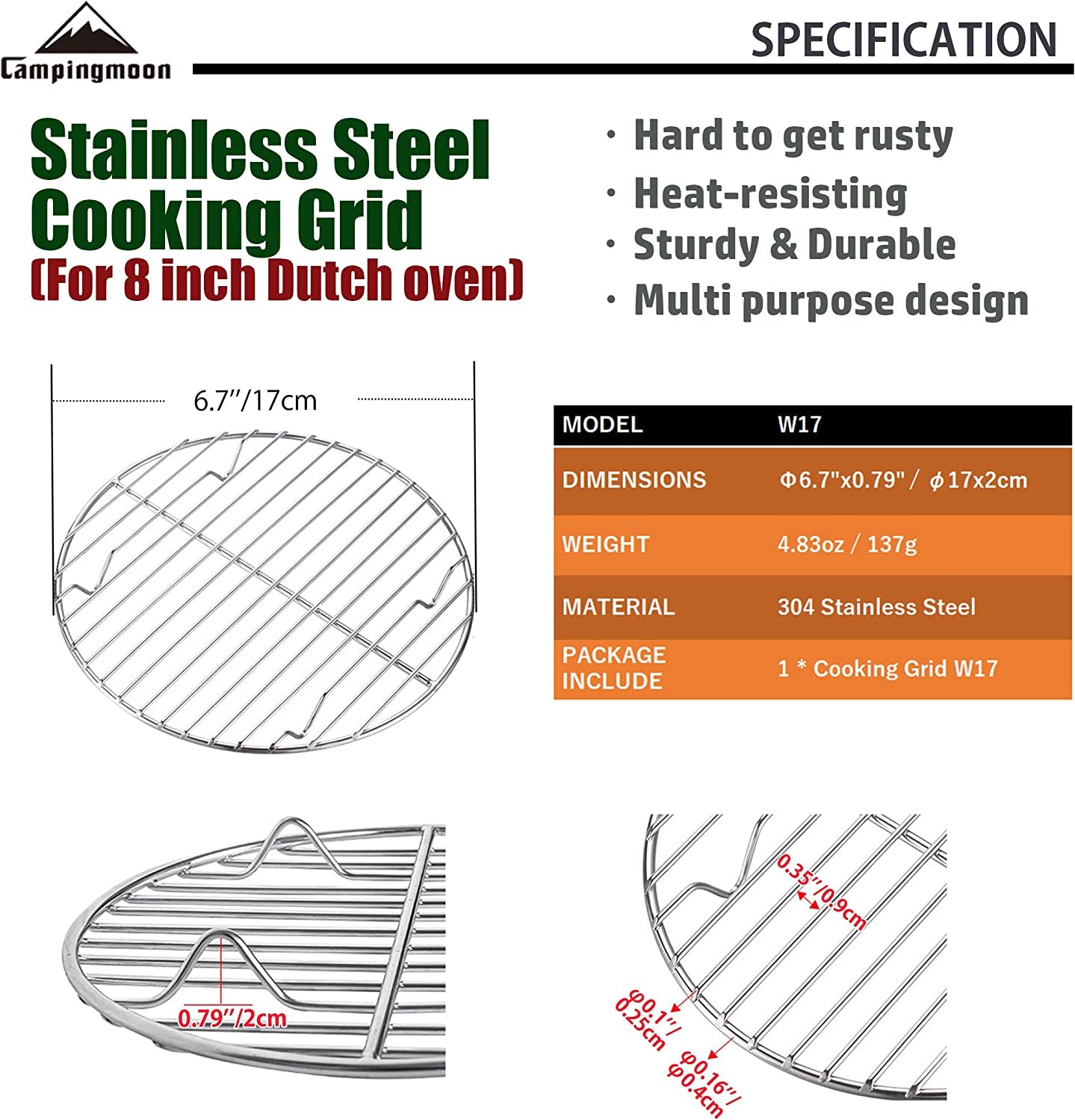 CAMPINGMOON round Roasting Baking Steaming Cooling Rack Cooking Grid Grill Stainless Steel Fits for Dutch Oven (Diameter Φ6.7Inch, W17)