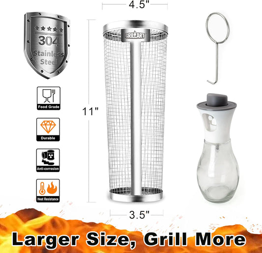 [Upgraded] Grill Basket 2 Pcs (Size XL), Dishwasher Safe Rolling Grilling Baskets for Outdoor Grilling, Stainless Steel BBQ Grill Basket for Veggies, Grill Nets Cylinder, Gifts for Men/Dad