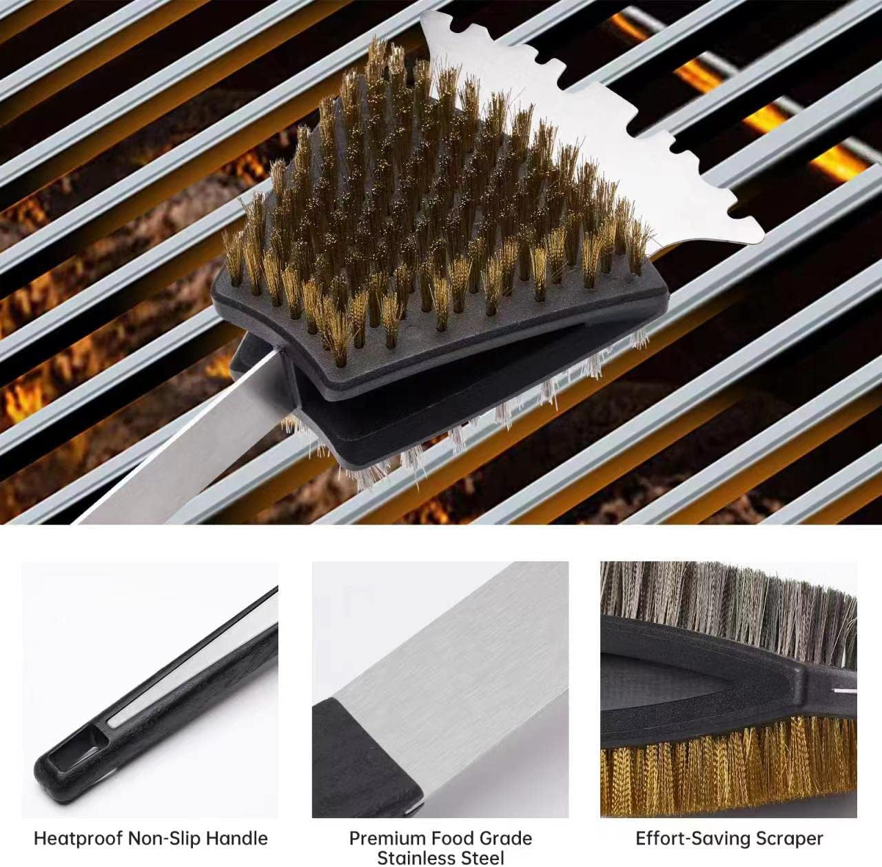 Double Sided Grill Cleaning Brush and Scraper, 16.5" BBQ Brush, Barbecue Cleaner with Stainless & Brass Bristles, Grilling Grate Cleaner, Safe Grill Accessories for Cast Iron/Stainless Steel Grate