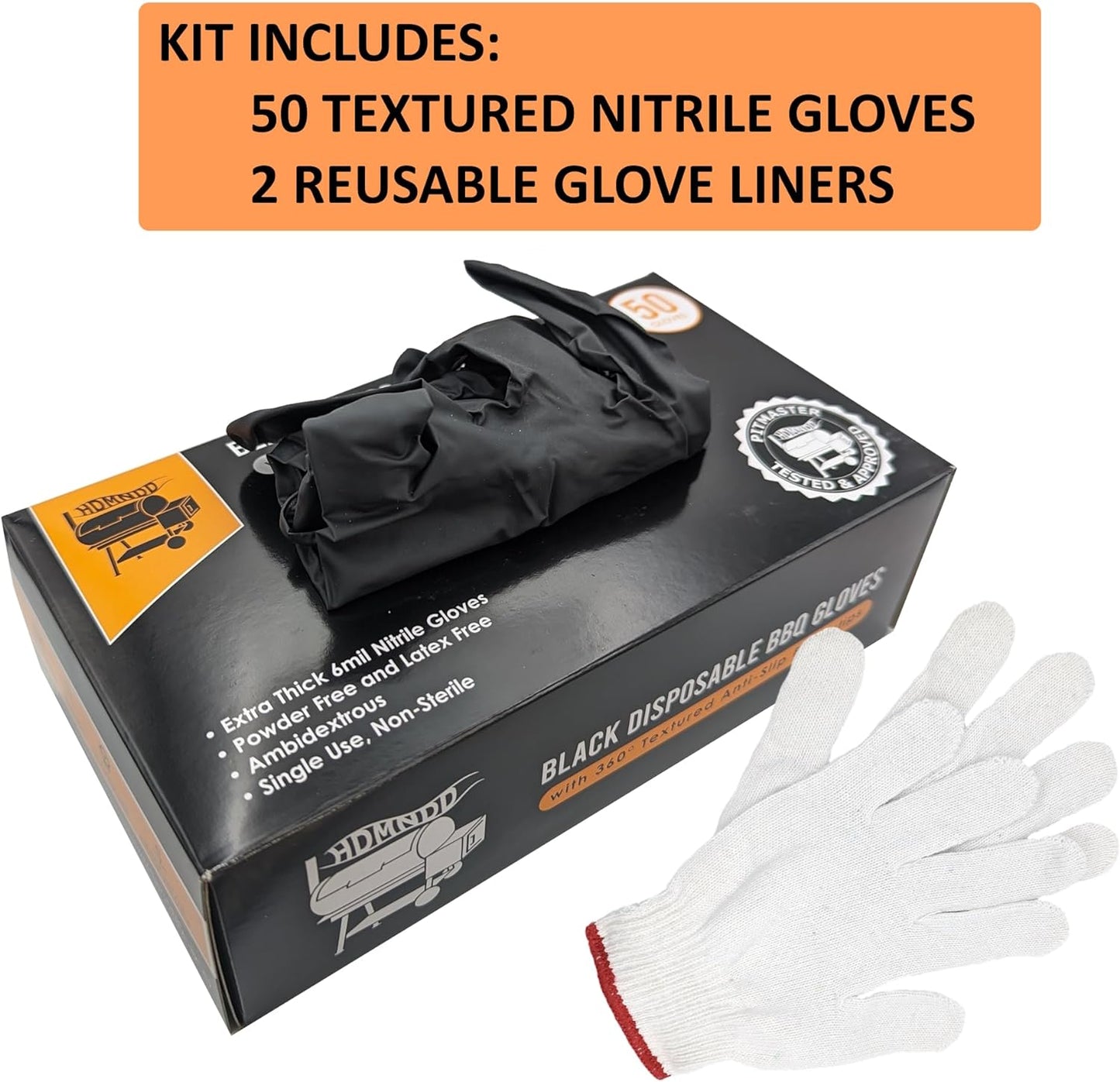 Black Disposable BBQ Grill Gloves Kit - 50 Heavy Duty Textured Grip and 2 Heat Resistant Reusable Liners Meat Pulling