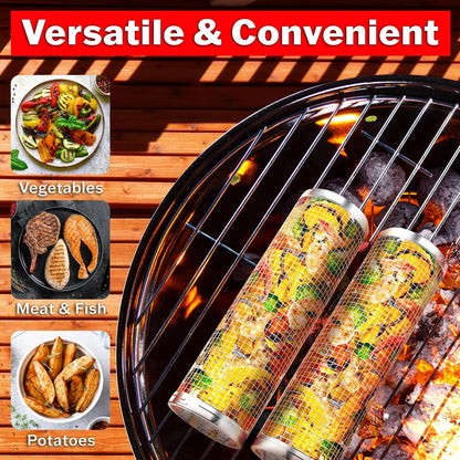 Mckay Rolling BBQ Grilling Basket Set | Portable, Durable Stainless Steel, Perfect for Barbecue & Outdoor Cooking- Rotating Grill Accessories Mesh Net Tube Cylinder for Delicious Meals, Veggies, 2 Pcs