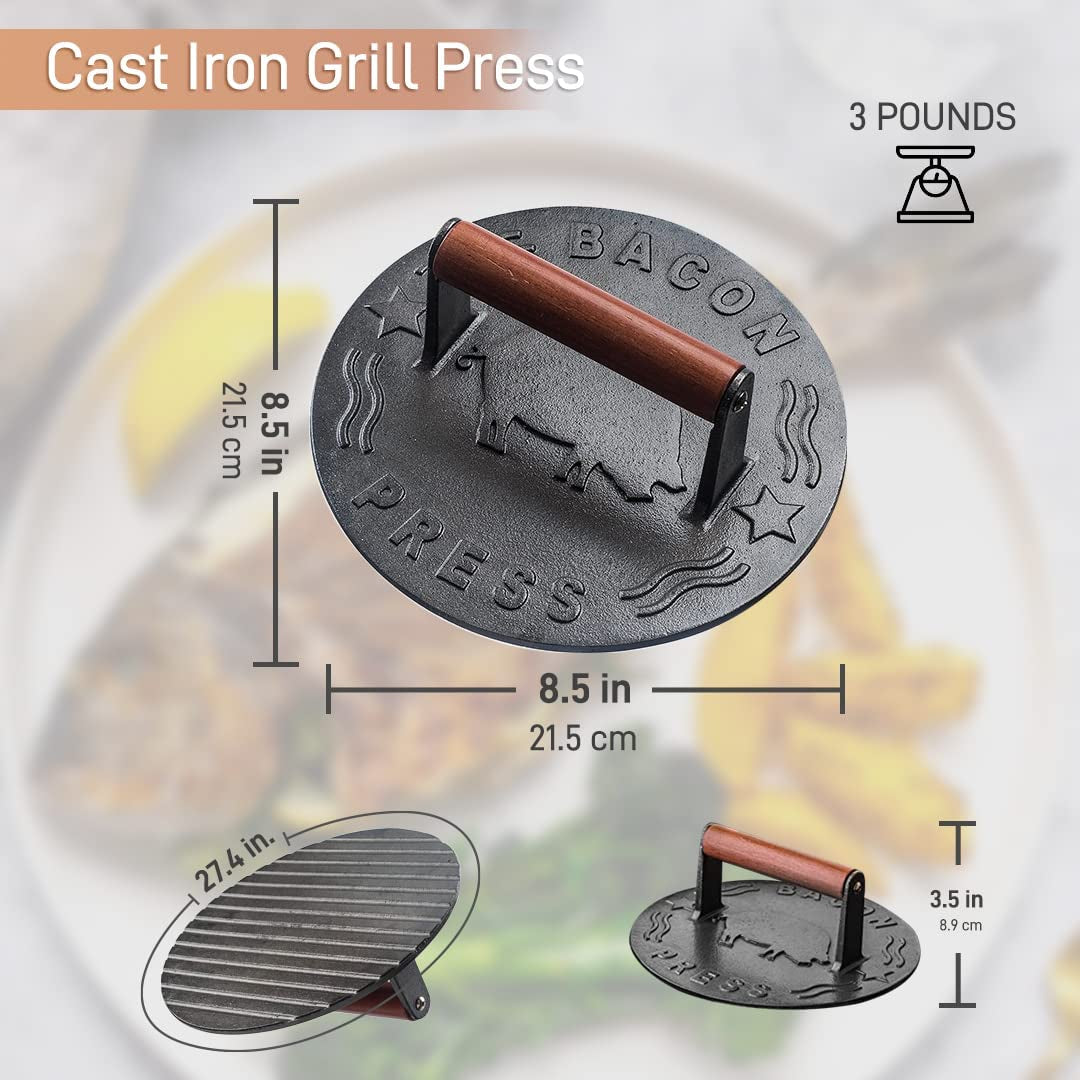 Bellemain Bacon Press 8.5-Inch round | Heavy-Duty Cast Iron Grill Press for Perfectly Seared Bacon, Steak & Sandwiches | Equalized Weight Distribution | Food-Grade Press with Wood Handle | 3 Lbs