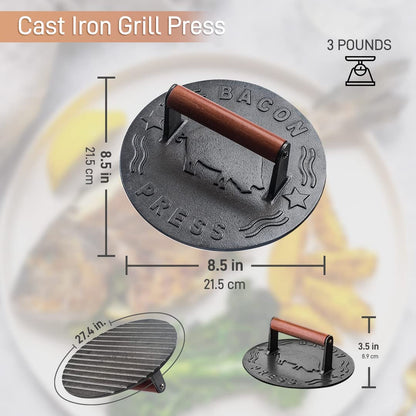 Bellemain Bacon Press 8.5-Inch round | Heavy-Duty Cast Iron Grill Press for Perfectly Seared Bacon, Steak & Sandwiches | Equalized Weight Distribution | Food-Grade Press with Wood Handle | 3 Lbs
