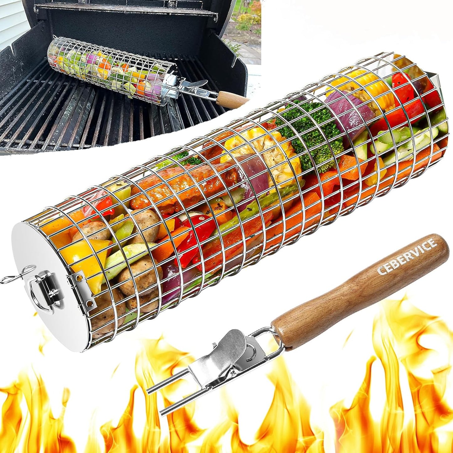 CEBERVICE Rolling Grilling Baskets, SUS304 Stainless Steel, REMOVABLE WOODEN HANDLE, Portable BBQ Outdoor Camping round Cylinder Grilling Rack for Fish, Vegetables, Shrimp, Barbeque Griller Cooking Accessories Gifts for Men, Dad, Father, Husband