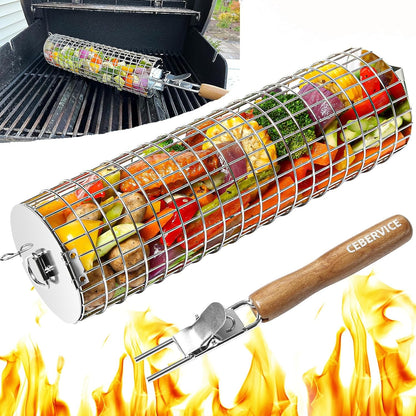 CEBERVICE Rolling Grilling Baskets, SUS304 Stainless Steel, REMOVABLE WOODEN HANDLE, Portable BBQ Outdoor Camping round Cylinder Grilling Rack for Fish, Vegetables, Shrimp, Barbeque Griller Cooking Accessories Gifts for Men, Dad, Father, Husband