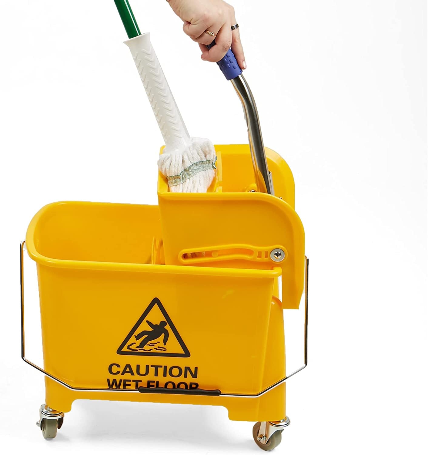 Mind Reader Mobile Heavy Duty Mop Bucket with Upward Press Wringer, 22-Quart (5.5 Gallon) Capacity, 16.25"L X 10.75"W X 24.5"H, Yellow