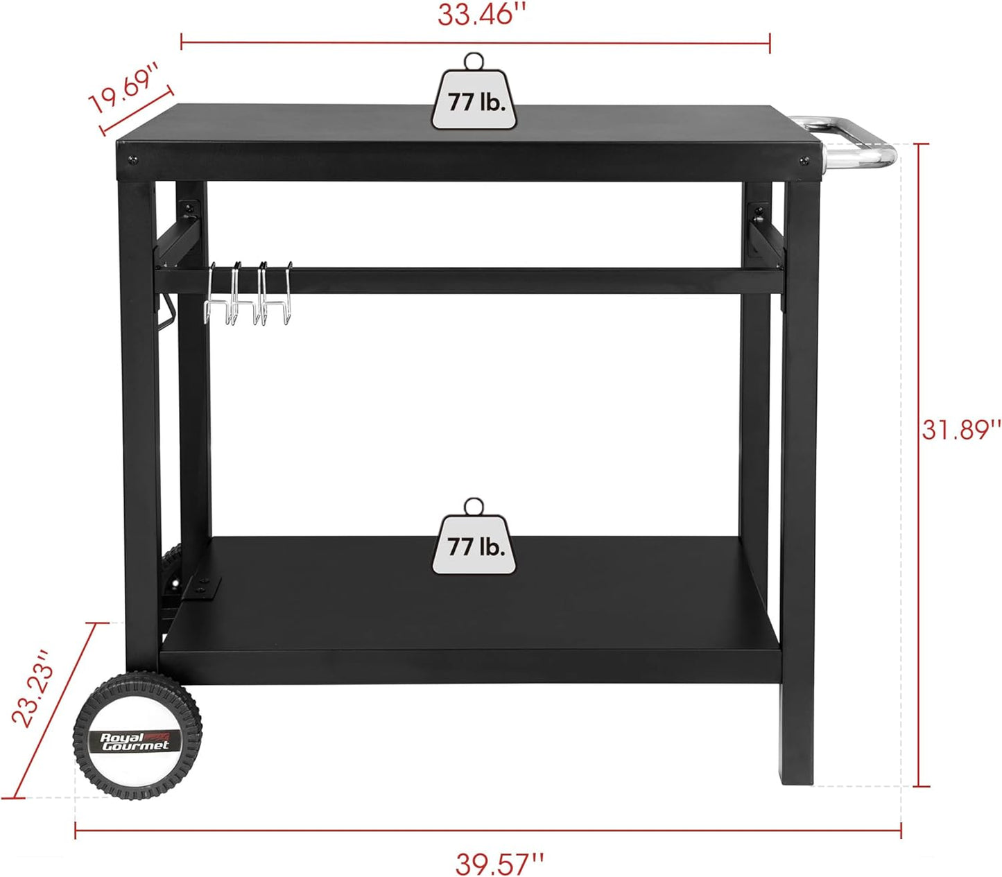 Dining Cart Table with Double-Shelf, Movable Steel Flattop Worktable, Hooks, Side Handle, Multifunctional and Commercial PC3401B (Black)