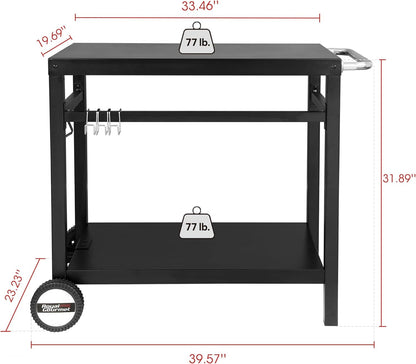Dining Cart Table with Double-Shelf, Movable Steel Flattop Worktable, Hooks, Side Handle, Multifunctional and Commercial PC3401B (Black)