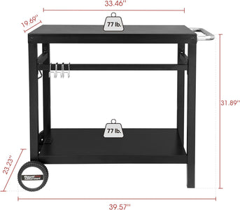 Dining Cart Table with Double-Shelf, Movable Steel Flattop Worktable, Hooks, Side Handle, Multifunctional and Commercial PC3401B (Black)