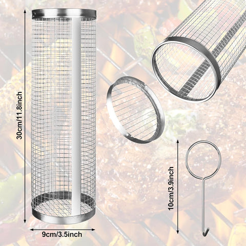 Image of 2 Pack Rolling Grill Basket BBQ Net Tube Stainless Steel BBQ Wire Mesh Cylinder Grilling Basket Portable Outdoor Camping Barbecue Rack for Fish, Shrimp, Meat, Vegetables, Fries, 11.8X3.5 Inch