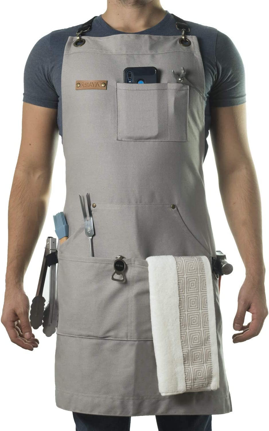 Chef, BBQ and Work Apron with Bottle Opener and Hand Towel -Durable 10Oz Cotton Canvas,Brass Hardware, and Cross Back Straps-Perfect for Men and Women,Grilling, Cooking or in the Workshop(Grey)