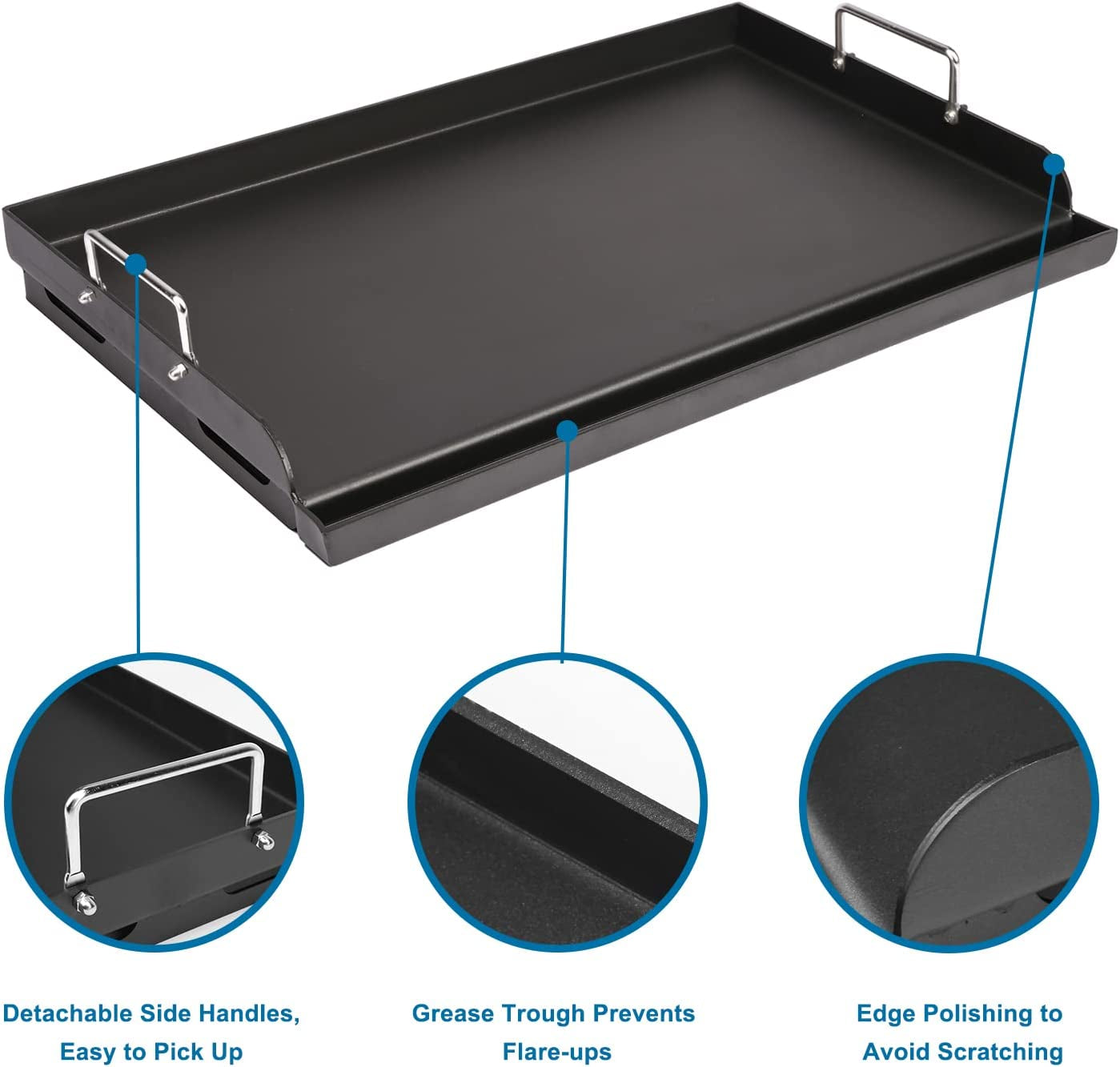 25" X 16" Nonstick Coating Cooking Griddle for Gas Grill, Universal Griddle Flat Top Plate Insert with Grease Groove and Removable Handles for Charcoal/Gas Grills, Camping, Tailgating, Parties