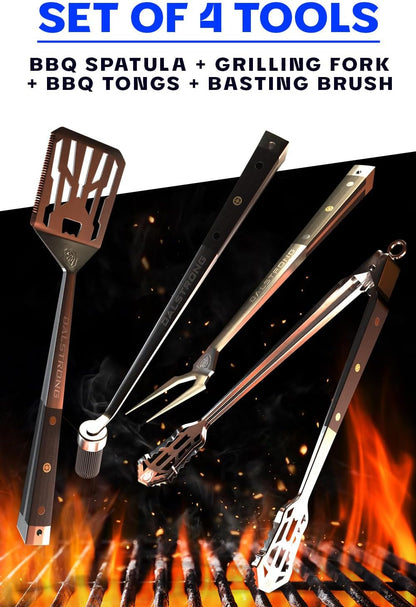 4-Piece Professional BBQ Pitmaster Grill Set - Premium High-Carbon Stainless Steel Grilling Accessories - 18 Inch Length - Silicone Brush, Spatula, Tongs, Fork - G10 Handles Kitchen Set