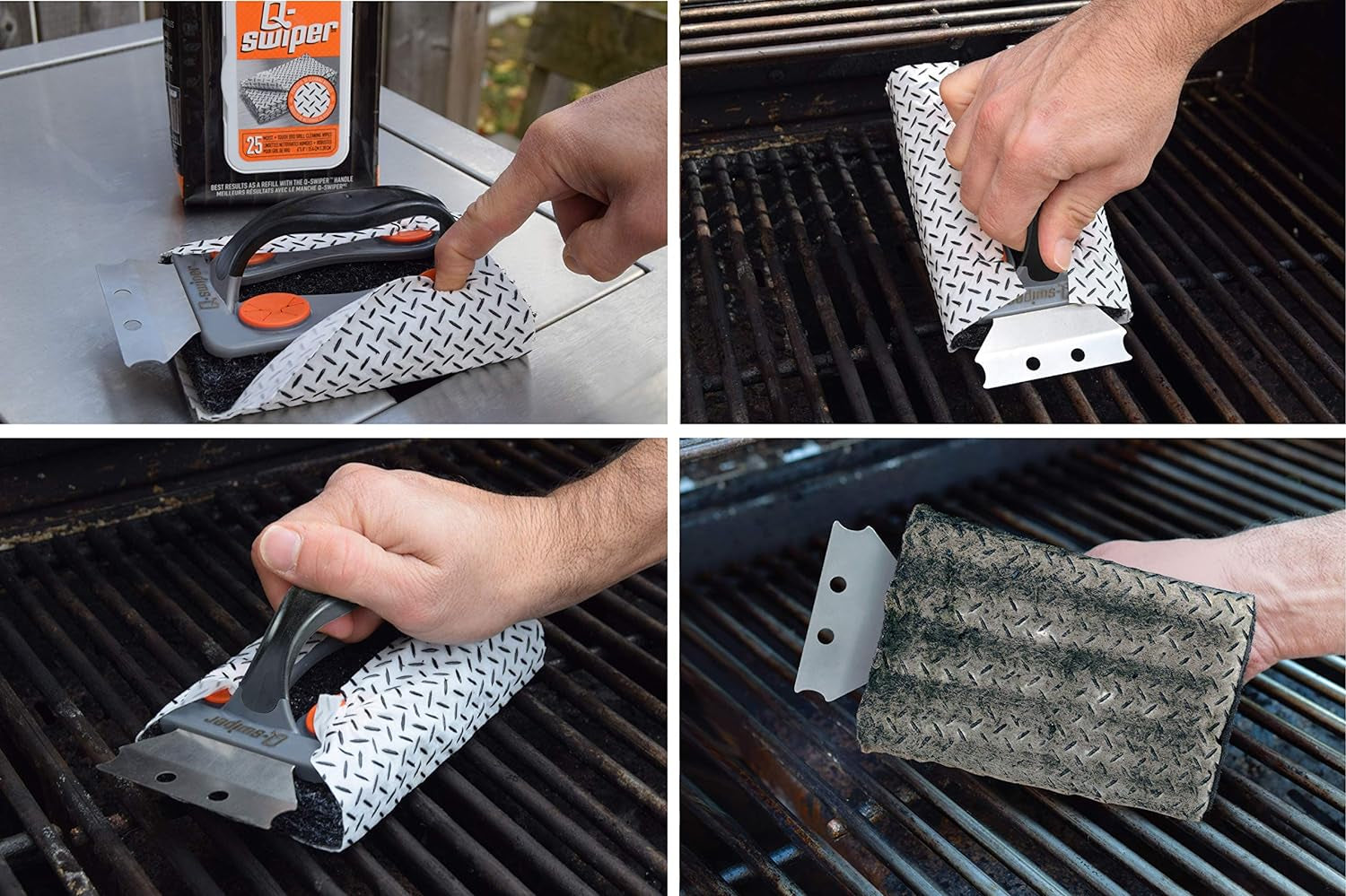 Q-Swiper BBQ Grill Cleaner Set - 1 Grill Brush with Scraper and 25 BBQ Grill Cleaning Wipes | No Bristles & Wire Free | Safe Way to Remove Grease and Grime for a Clean and Healthy Grill!