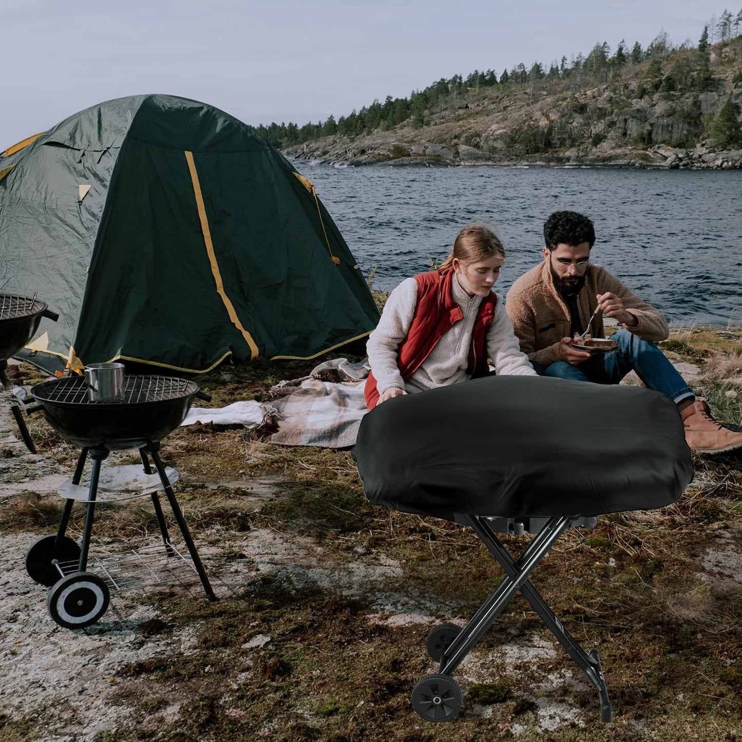 BBQ Grill Cover, Black BBQ Cover Portable Grill Cover Waterproof BBQ Grill Cover Compatible with Coleman Roadtrip LXX, LXE and 285, Adjustable Grill Cover