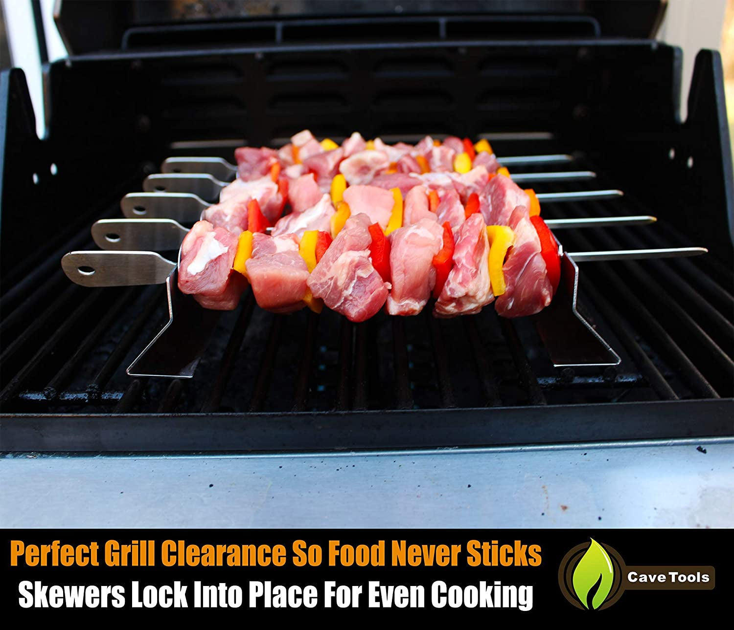 Cave Tools Kebob Rack for Shish Kebab Skewers - Stainless Steel Build Compatible with Wood, Round, Metal, Flat or Bamboo Skewers - BBQ Grilling Accessories