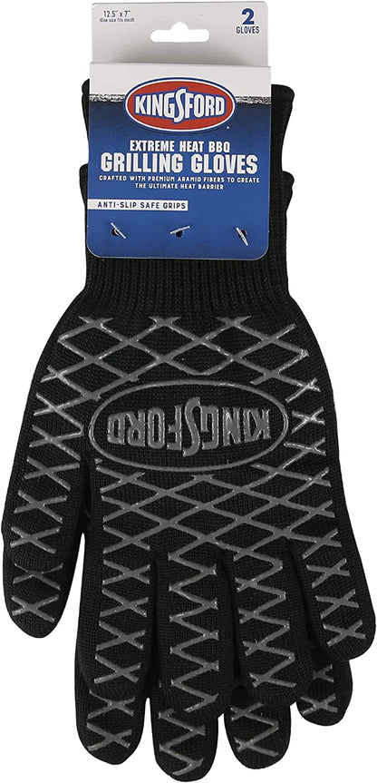 Extreme Heat BBQ Grill Gloves, 2 Count | Heat Resistant Barbecue Gloves | the Ultimate Heat Barrier Silicone Grilling Gloves with Anti-Slip Safe Grip, Black, 1 Size Fits All