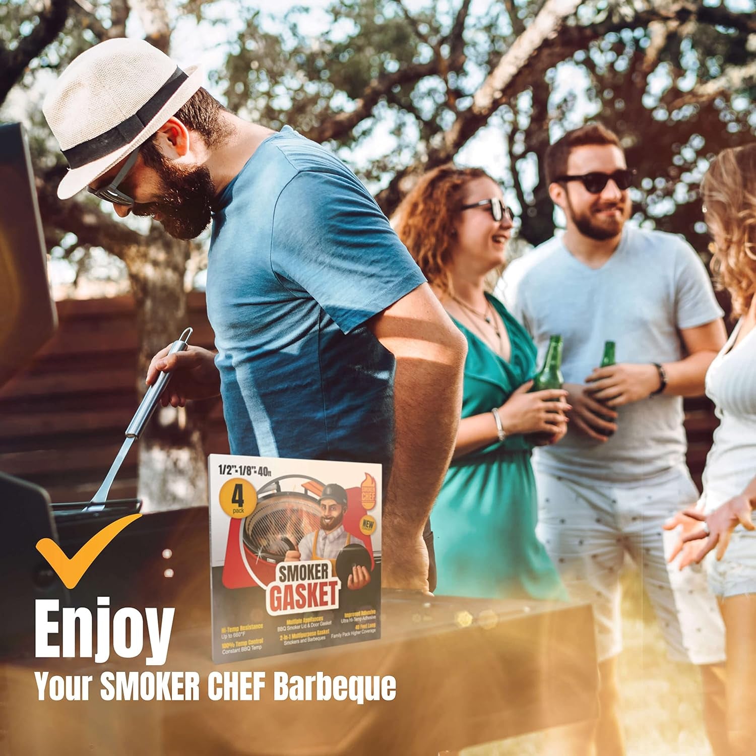 Smoker Chef XXL 40 FT Grill Gasket for Smokers - Black 1/2’’ X 1/8’’ Hi Temp Seal Smoker Gasket – 4-Pack X 10 FT Self Stick Black Nomex Fire Tape BBQ Lid – Bbq Grill Smoker Accessories Gifts for Men