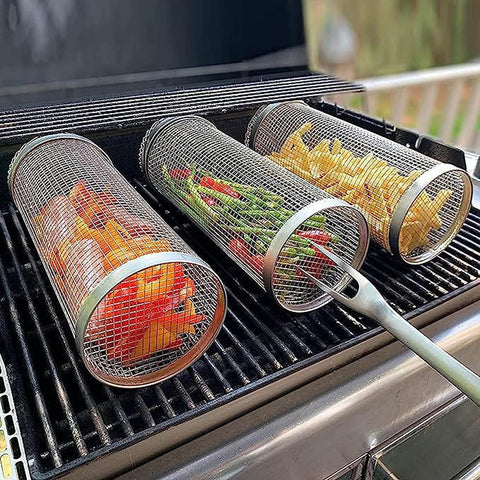 Image of 2023 New Stainless Steel Barbecue Cooking Grill Basket for Outdoor Grill - Grill Grate - Outdoor round Bbq Stainless Steel Grill Basket Campfire Grill Grid