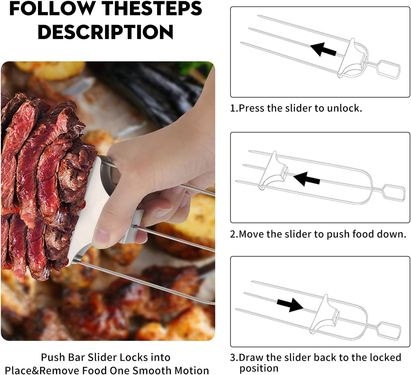 10PCS Kabob Skewers for Grilling,3,Double and Single Pronged Grilling Accessories,304 Stainless Steel Metal Skewers for Kabobs with Push Bar for Quick Release,With Storage Bag and Oil Brush