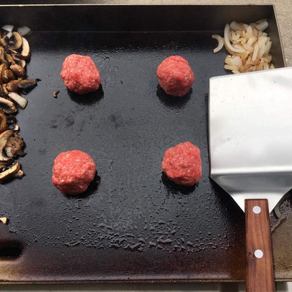 Stainless Steel Griddle Hamburger Spatula with Strong Wooden Handle, 13.5 X 5 Inches, Heavy Duty Spatula Turner with a Hook, Great for Pancake Flipper, Fish, Eggs, Burgers, Omelet and More