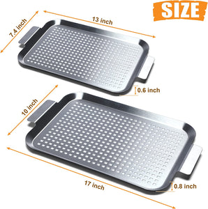 COOK TIME Grill Pan Set of 2, BBQ Grill Topper for Outdoor Grill, Stainless Steel Grilling Baskets with Holes and Handles, Perforated Food Tray Barbecue Accessories for Vegetable, Fish, Meat, Seafood