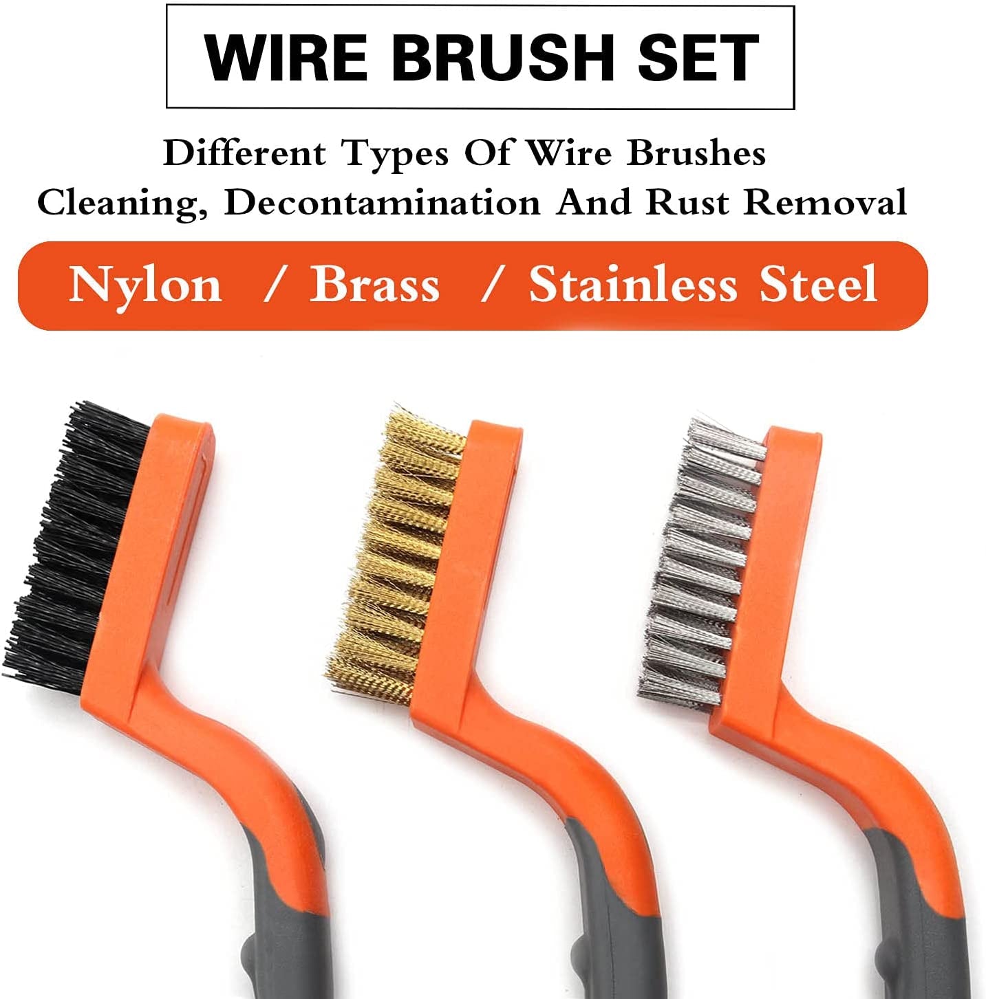 Wire Brush 3 Pcs Brass/Stainless Steel/Nylon Wire Brushes for Cleaning Rust Bristle Brush Set with Rubber Curved Handle Grip Used for Dirt, Paint Remover (Orange+ Gray)