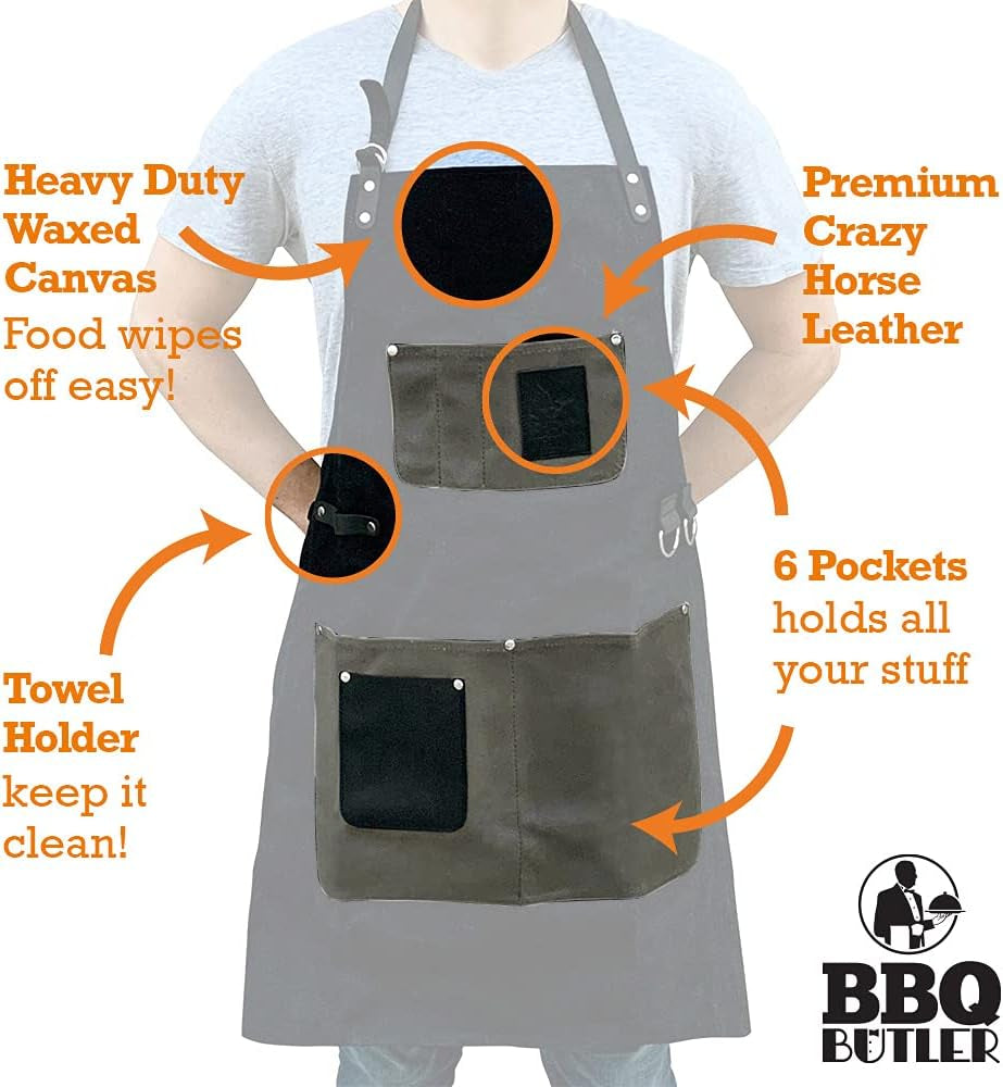 Grill Apron - Adjustable Waxed Canvas Cooking Apron - XXL - Heavy Duty Smoker Apron