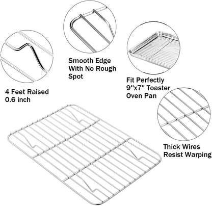 P&P CHEF Baking Rack Pack of 2, Stainless Cooling Rack for Cooking Baking Roasting Grilling Drying, Rectangle 8.6'' X 6.2'' X0.6'', Fits Small Toaster Oven, Oven & Dishwasher Safe