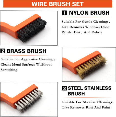 Image of Wire Brush 3 Pcs Brass/Stainless Steel/Nylon Wire Brushes for Cleaning Rust Bristle Brush Set with Rubber Curved Handle Grip Used for Dirt, Paint Remover (Orange+ Gray)