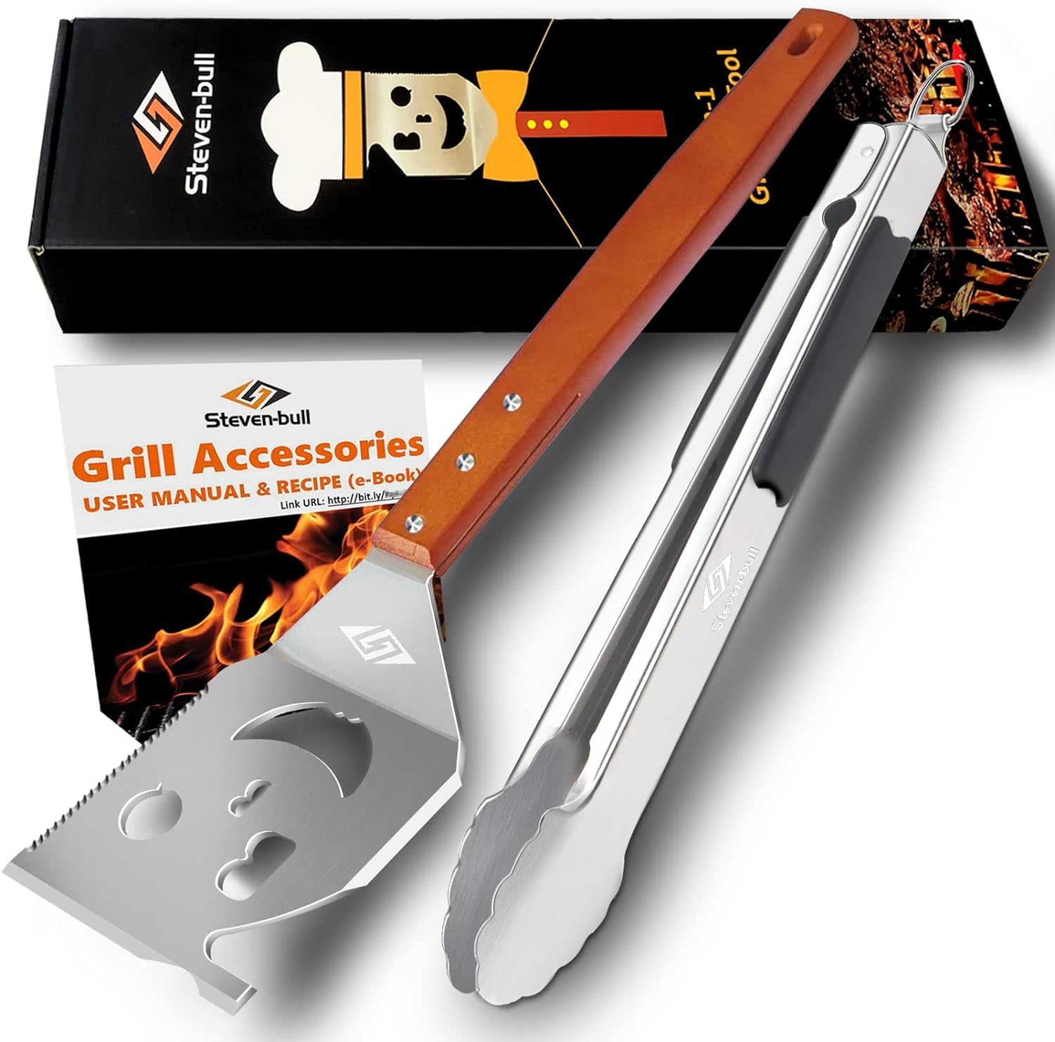 STEVEN-BULL S Heavy Duty BBQ Grill Tongs and Spatula for Outdoor Grill, 17” Long 5-In-1 Grill Spatula Comes with an 16” Long Locking Kitch Tongs, Best BBQ Gift for Barbecue Grilling Master